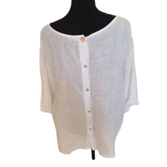 Beyond Capri Womens Linen Blouse Side Tie Quarter Sleeve Button White OS - Picture 3 of 13
